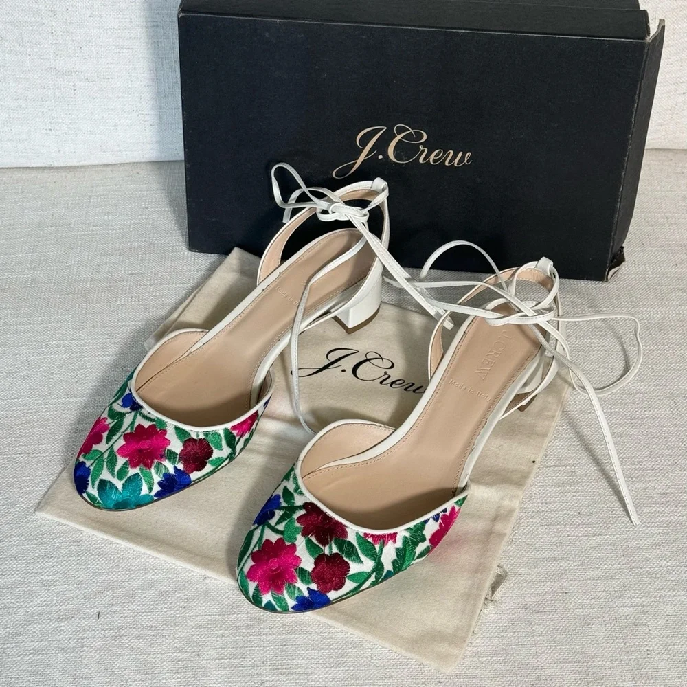 J.crew ankle-wrap slingback block heels w/multicolor embroidery‎ Size 9